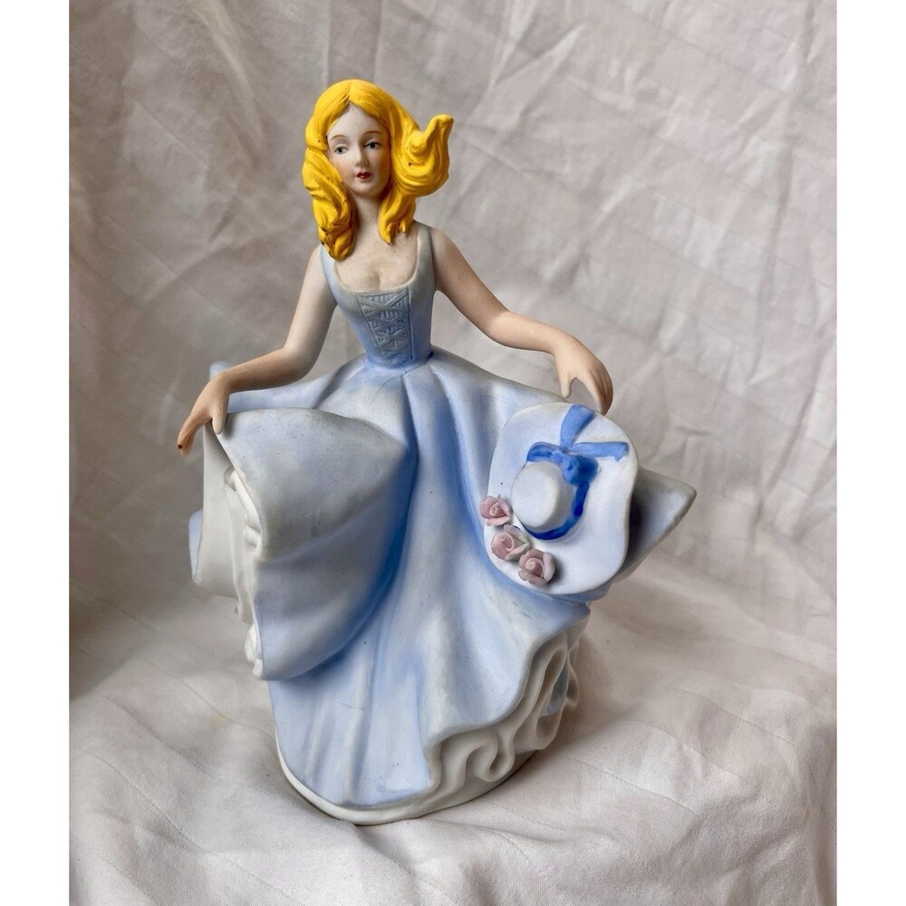 Ceramic Blonde Lady Dancing in Blue Dress w/ Hat- Fine Porcelain